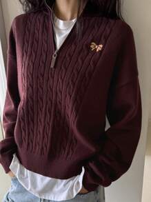 DAZY 1 件女士宽松刺绣半拉链长袖休闲毛衣，秋季女装 - 紅木色 - 查看 3