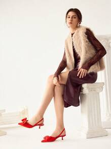 CUCCOO CHICEST Damskie szpilki z szpiczastym noskiem i obcasem typu kociak, kokardka dekoracyjna, jednolity kolor z paskiem na kostce, elegancki wybór do noszenia na co dzień, zakupy na świeżym powietrzu, święta, impreza, wiosna lato jesień zima, w połączeniu z sukienkami satynowymi jesień nowy rok święta - Czerwony - Zobacz 8