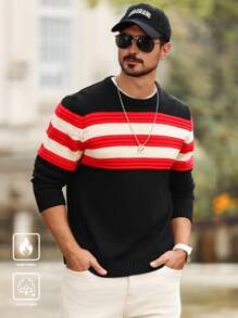 Manfinity CityGents Jersey de cuello redondo de punto casual con estampado rayado de color contrastante de manga larga para hombre - Negro - Ver 1