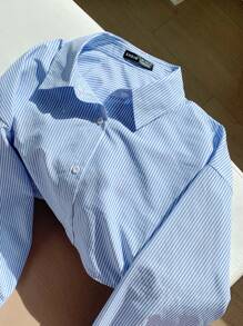 Comfortcana 藍色編織女士單排扣長袖上衣和短褲休閒套裝 - 藍色 - 查看 5