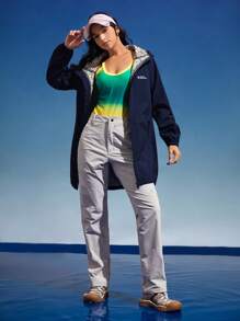 In My Nature Chaqueta de lluvia a media pierna, a prueba de viento y de agua, con capucha para mujer - Azul Marino - Ver 10