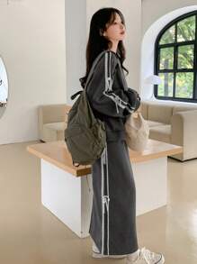 DAZY Bộ 2 áo nỉ và quần dài cho nữ, áo chui đầu cổ tròn tay dài có nơ trang trí, bộ đồ thể thao thu đông cho nữ - Màu Xám nhạt - Xem 9