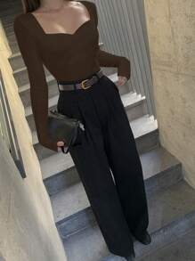 DAZY 女款純色甜心領長袖修身基本款T恤，春夏秋外出上衣 - 棕色 - 查看 5