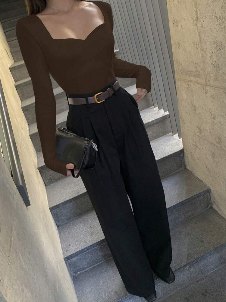 Women's Solid Color Sweetheart Collar Long Sleeve Slim Fit Basic T-Shirt, Spring/Autumn Summer