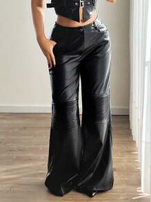 SHEIN ICON Quần ống rộng cạp thấp phong cách đường phố Châu Âu & Mỹ Quần da PU - màu đen - Xem 5