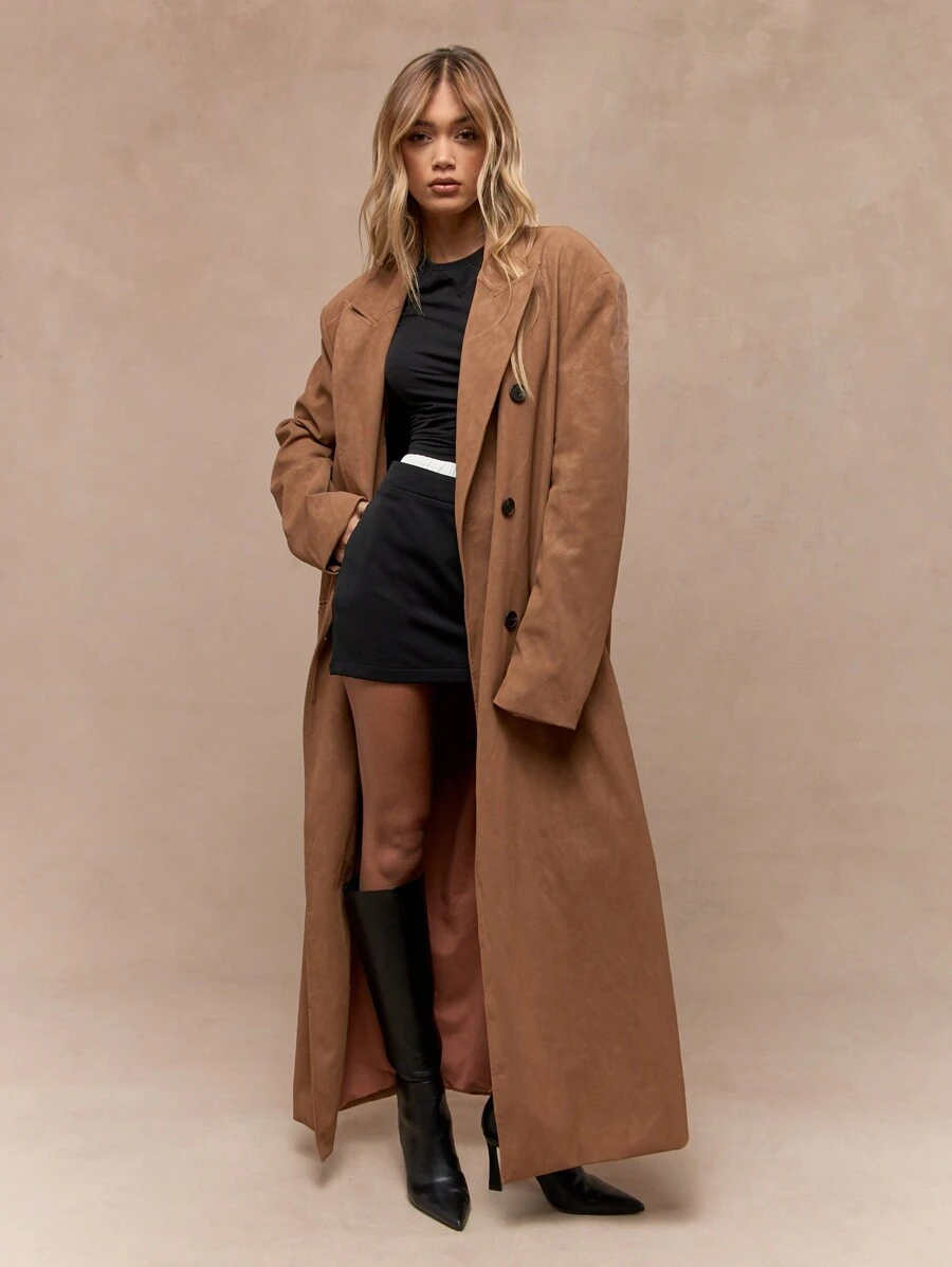 MISSGUIDED Maxi Length Suede Trench Coat Winter Fall Double Breasted Formal Office Wear Long Elegant Business Outerwear Classic Fashion Statement Piece - Brown - View 1