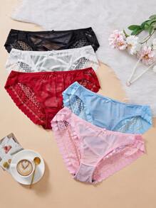 5pcs/Set Plus Size Lace Patchwork Fantasy Elegant Series Cross Strap Bowknot Panties - Multicolor - View 5