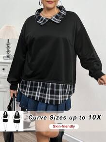 SHEIN CURVE+ Áo khoác nữ cỡ lớn mùa thu đông, áo sơ mi cổ bẻ kẻ caro 2 trong 1, áo nỉ cỡ lớn. - màu đen - Xem 6