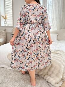 SHEIN Plus Size Lace Trim V-Neck Floral Pattern Sleep Dress, Cozy Outfit, Fall & Winter - Multicolor - View 2