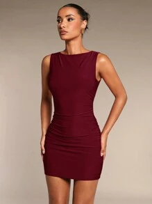 SHEIN BAE Đầm bodycon dự tiệc đơn giản hàng ngày màu đỏ trơn dành cho nữ có chi tiết nhún bèo, không tay - Màu Đỏ Sâu - Xem 5