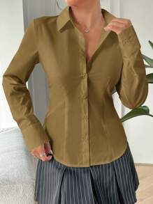 SHEIN EZwear 1pc Women's Solid Color Front Button Long Sleeve Shirt Collar Casual Blouse