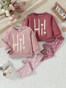 SHEIN Baby Girls Casual Heart Print Sweatshirt Set, Suitable For Spring And Autumn - Rusty Rose - View 1