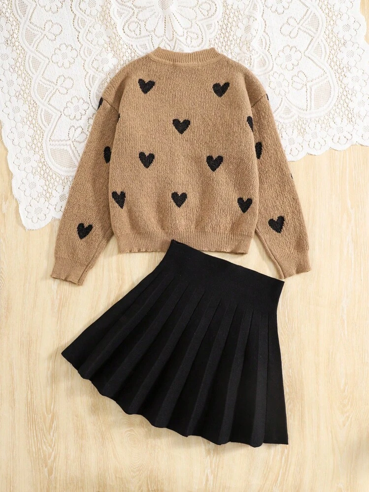 SHEIN Tween Girl Heart Pattern Drop Shoulder Round Neck Sweater And Solid Black Pleated Skirt 2 Pcs Set, For Daily Wear,Back To School, Casual Occasions, Warm For Autumn Winter, Daily Wear - Brown - View 2