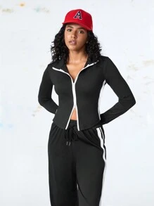 SHEIN Casual Women Zip Closure Contrast Color Jacket And Pants Suit Set - Black - View 9