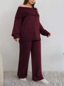 EURMUSE PLUS SIZE OFF SHOULDER SWEATER CO-ORDS - Burgundy - View 4