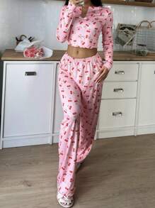 SweetSlumber Conjunto de pijama de top de manga larga con escote en V y pantalones con estampado de cerezas para mujer