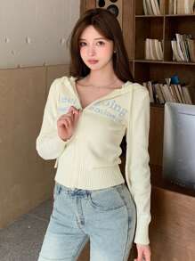 DAZY 女士字母提花针织连帽开衫，秋季女装 - 白色 - 查看 6