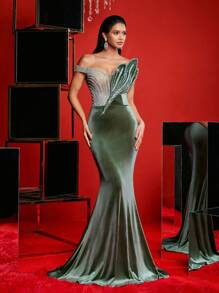 Glamrae Váy đuôi cá bằng vải nhung co giãn sequin màu xanh ô liu thanh lịch và sang trọng, phù hợp cho đám cưới, tiệc tùng, tuần trăng mật, vũ hội và sự kiện trang trọng, váy dạ hội, váy dự tiệc cưới, váy dự tiệc - xanh quân đội - Xem 6