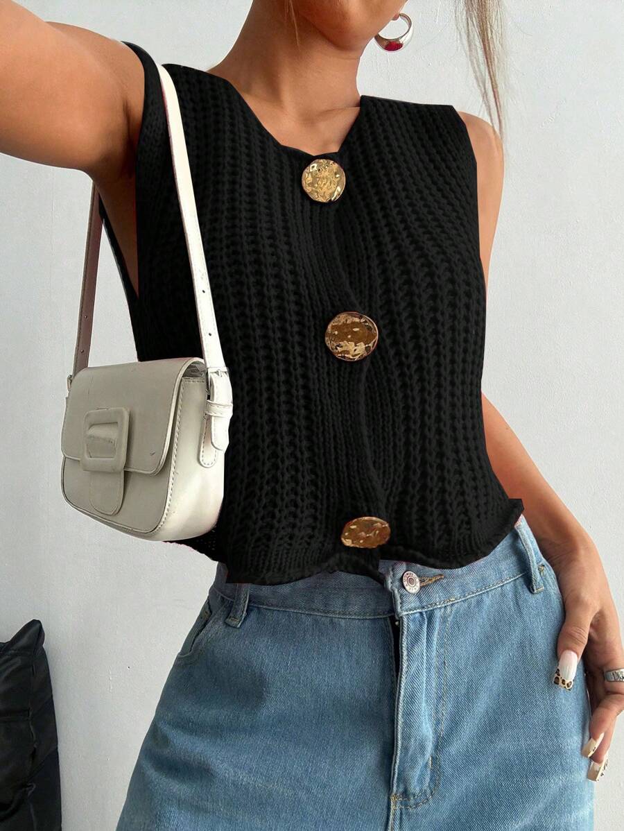 SHEIN Unity Fashionable Round Neck Button Closure Minimalist Sleeveless Knit Top - Black - View 1