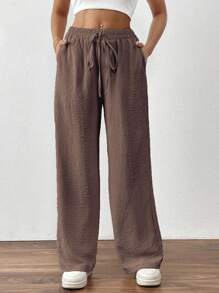 SHEIN PETITE Quần ống đứng túi xéo họa tiết trơn màu tối giản thời trang dành cho nữ - Màu nâu Sô-cô-la - Xem 4