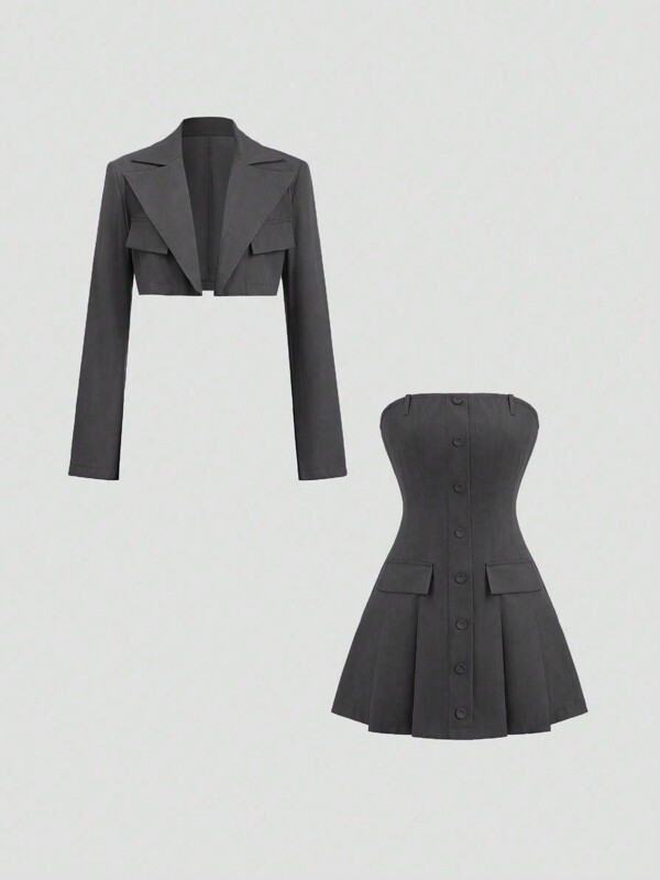 Sweetra Women's Casual Solid Color Cropped Jacket & Sleeveless Mini Dress 2 Pieces Suit Set, Autumn Y2K Outfit Vintage Outfit