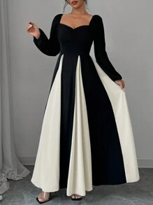 Rafferiza Robe longue femme élégante en patchwork à manches longues en contraste noir et blanc - Noir - Voir 5