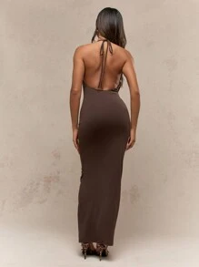 MISSGUIDED Cut-Out Halter Neck Backless Bodycon Maxi Dress - Brown - View 2