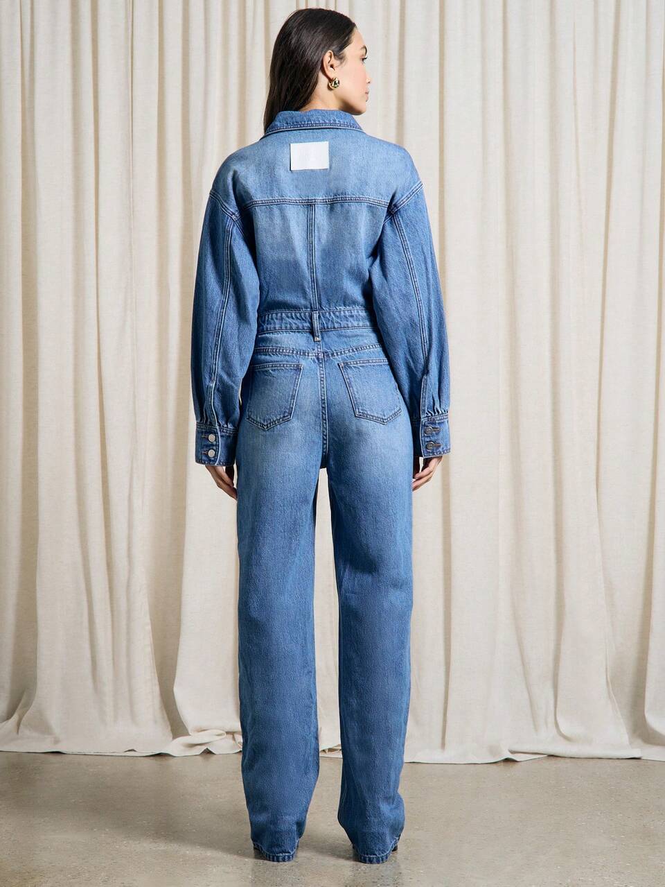 AiiRZ Washed Collar Pocket Detail Balloon Long Sleeves Boiler Denim Jumpsuit