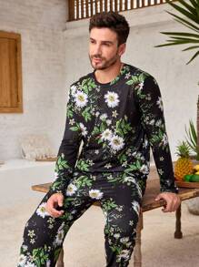 Manfinity ChillVibe 2pcs Men Floral Print Crew Neck Long Sleeve Top And Pants Pajama Set - Black - View 6
