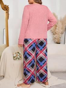 大码彩色格子露趾针织长袖睡衣套装 - 彩色 - 查看 2