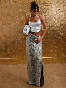 COSMINA Women's Autumn Fashion Snake Skin Pattern Sequin Split Skirt - Multicolor - View 5