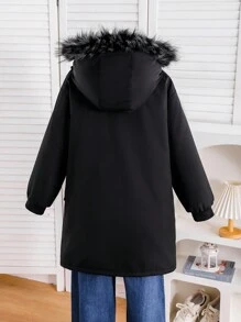 1pc Tween Girls Black Hooded Parka With Fluffy, Large Pockets, Thick Padded Warm Lining, Suitable For Autumn/ Winter