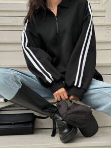 DAZY 女式马球领半襟休闲运动风格撞色拼接宽松运动衫 - 黑色 - 查看 7