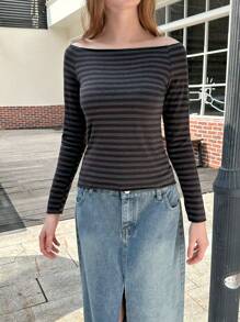 INAWLY Áo thun sọc dài tay hở vai thời trang xuân thu cho nữ - Nhiều màu - Xem 4