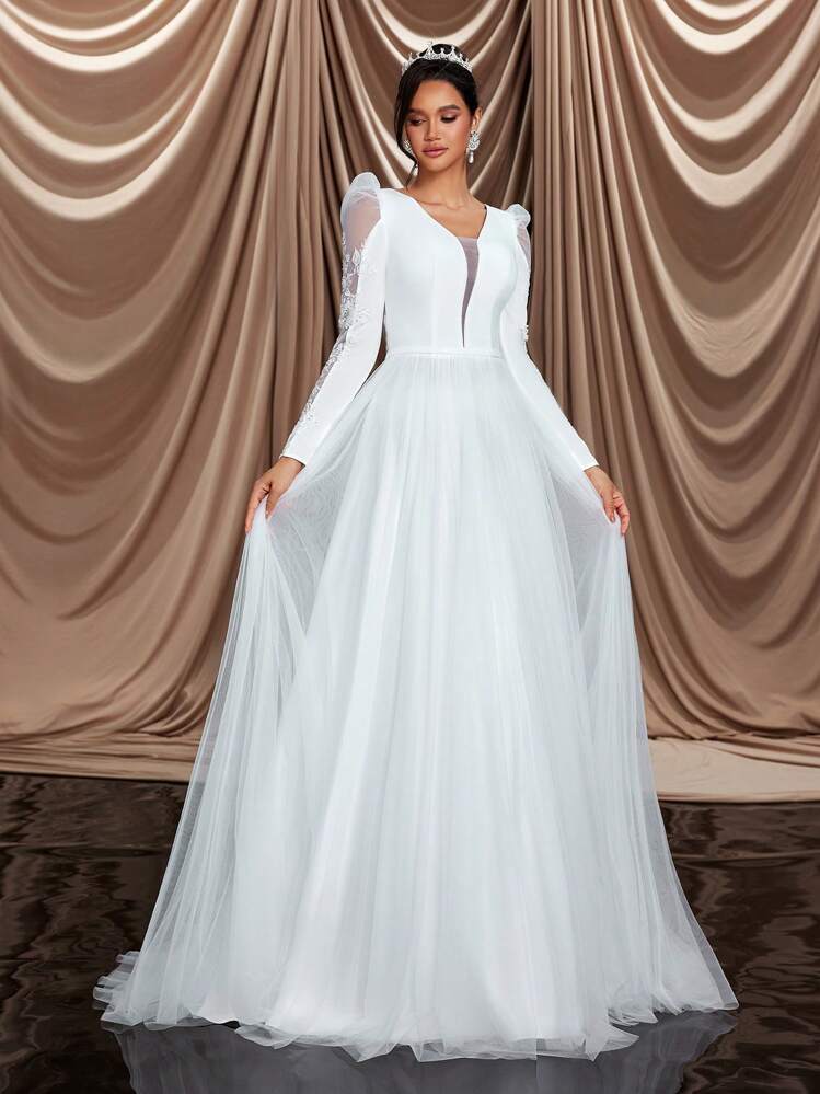 Glamrae Vestido Elegante e Luxuoso de Manga Longa com Decote em V Sexy, Costas Abertas e Evasê com Trem, Adequado para Casamento, Despedida de Solteira, Feriado, Gala - Bege - Visão 2