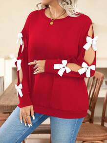 大码蝴蝶结装饰镂空长袖圆领休闲运动衫，适合新年服装 - 紅色 - 查看 4