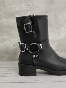 SHUZIA 女式黑色厚底摩托靴，双扣带和金色五金配件，舒适方头，日常款式，新年假期 - 黑色 - 查看 5