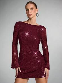 SHEIN BAE Women's Backless Shiny Sequin Mini Dress,Burgundy,Autumn,70s,Night Out,Party Gorgeous Long Bell Sleeve Homecoming Disco Club Wear Halloween - Burgundy - View 2