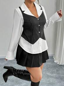 Calvaya 大码女式时尚休闲条纹收腰二合一衬衫 - 彩色 - 查看 5