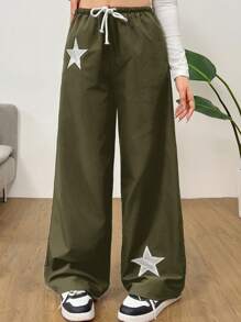 SHEIN Teen Girls Colorblock Star Five-Pointed Star Patch Colorblock Drawstring Pants, Lightweight Windbreaker Casual Street Chic Sporty Versatile Trousers - Army Green - View 3