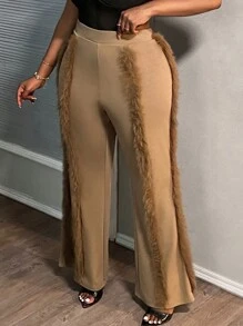 Slaydiva Plus Size Ribbed Brown Pants, Autumn/Winter - Brown - View 1