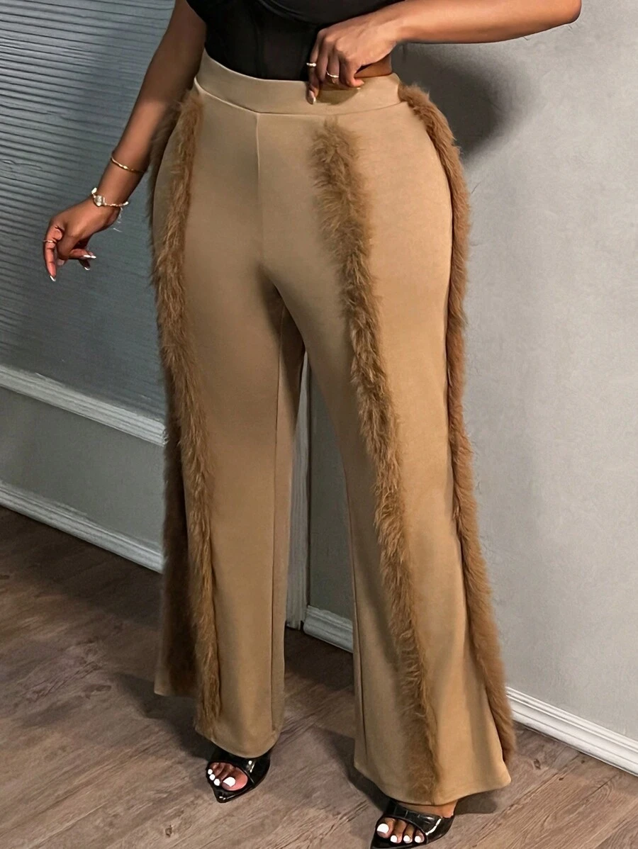 Slaydiva Plus Size Ribbed Brown Pants, Autumn/Winter - Brown - View 1