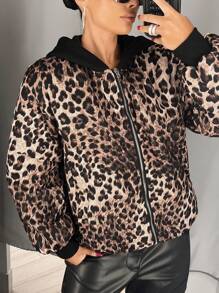 SHEIN ICON Oversized Leopard Print Patchwork Hooded Padded Coat - Brown - View 6