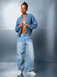 SUMWON WOMEN Classic Checker Print Trucker Denim Jacket Fall Winter Streetwear Statement Fashion Casual Weekend Layering Piece Retro Y2K Aesthetic - Baby Blue - View 4