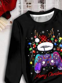 SHEIN Leap Crew 青少年男孩圣诞游戏玩家印花格子图案休闲简约紧身长袖圆领裤保暖内衬家居服，适合秋冬季