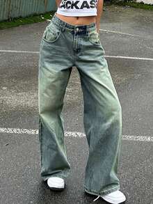 Women Retro Distressed Straight Leg Loose Fit Boyfriend Jeans - Navy Blue - View 5