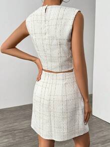 Chiquease 法式优雅粗花呢短款上衣和迷你裙 2 件套女士商务套装，春/秋/冬 - 米色 - 查看 2