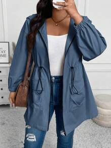 SHEIN LUNE Abrigo con capucha de unicolor y cordón en la cintura, ropa de mujer de otoño, Año Nuevo, invierno y fiestas para mujer de talla grande - Neblina azul - Ver 1