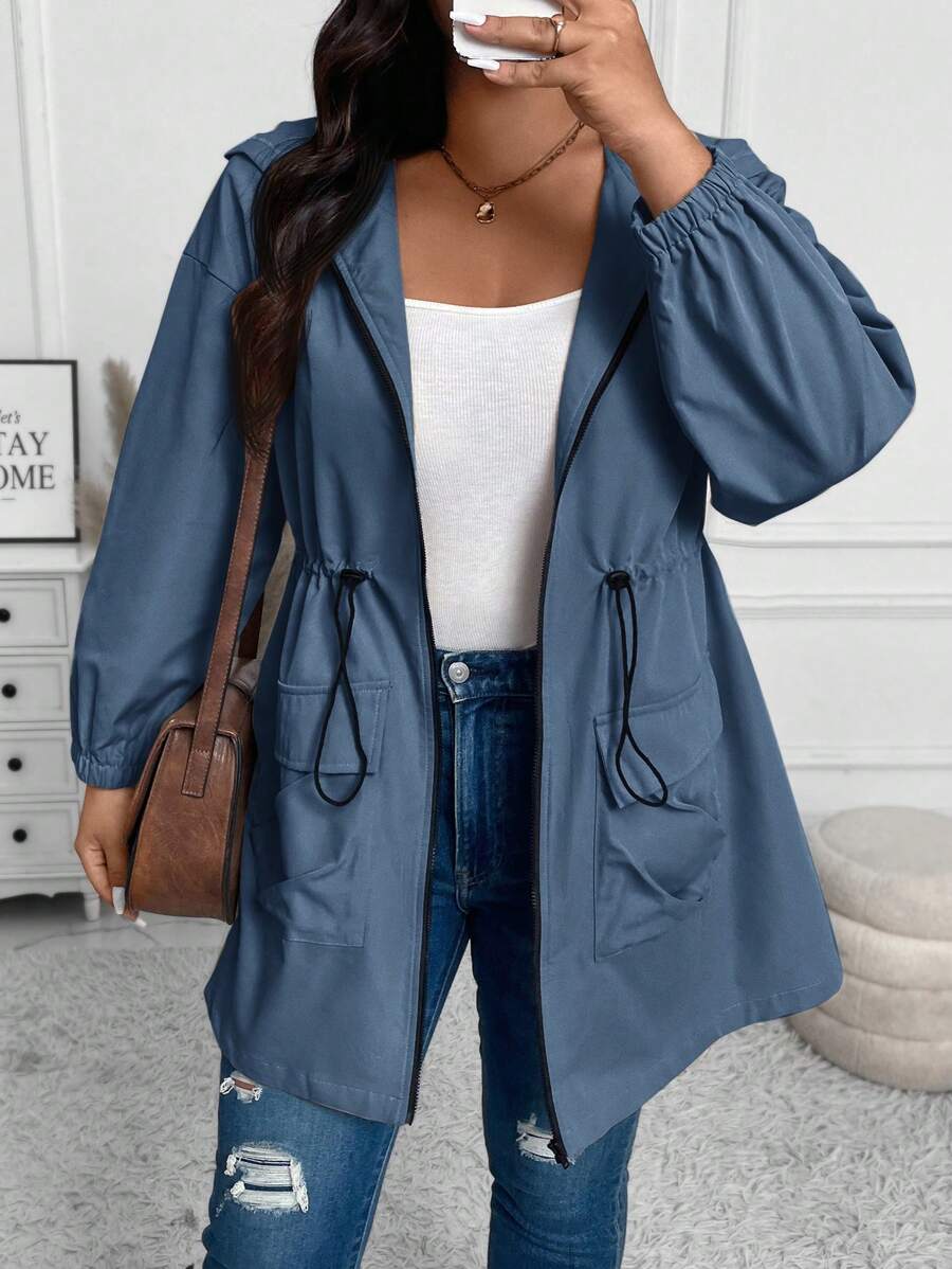 SHEIN LUNE Abrigo con capucha de unicolor y cordón en la cintura, ropa de mujer de otoño, Año Nuevo, invierno y fiestas para mujer de talla grande - Neblina azul - Ver 1