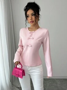 Selianne 女士纯色圆领优雅休闲通勤圣诞约会可爱蝴蝶结装饰衬衫春秋长袖上衣 - 淺粉色 - 查看 2